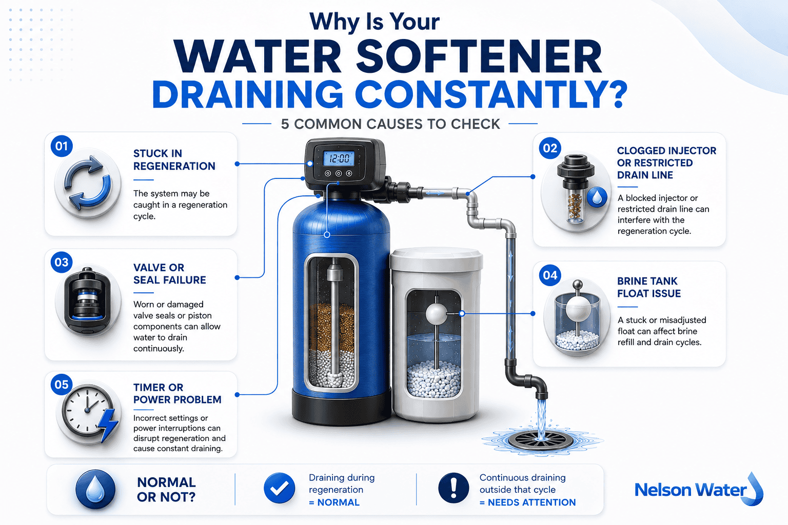 Infographic showing five common causes of a water softener draining constantly, including regeneration, drain line, valve, brine tank, and timer issues