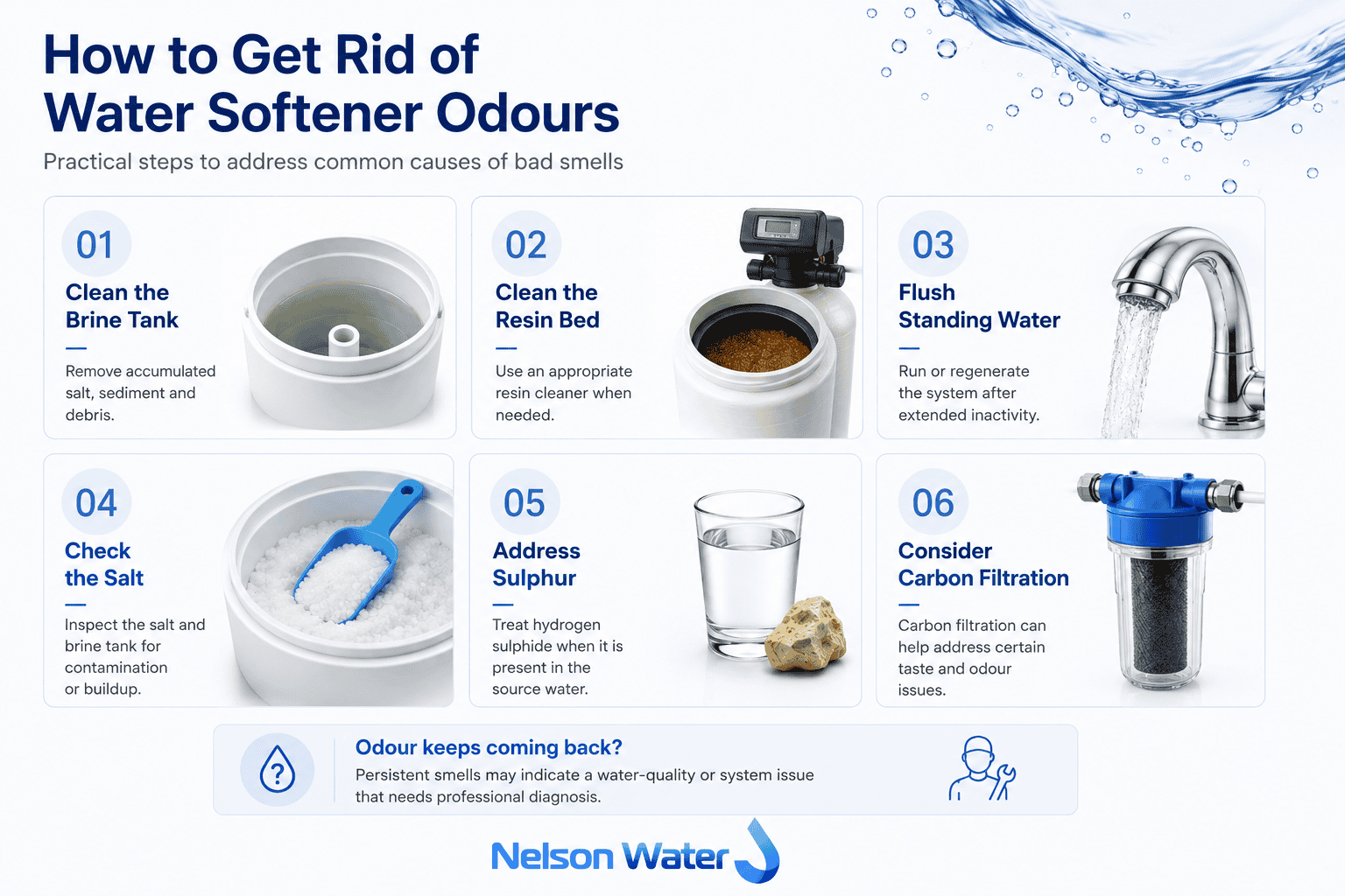 Infographic showing 6 practical ways to Get Rid of Water Softener Odours