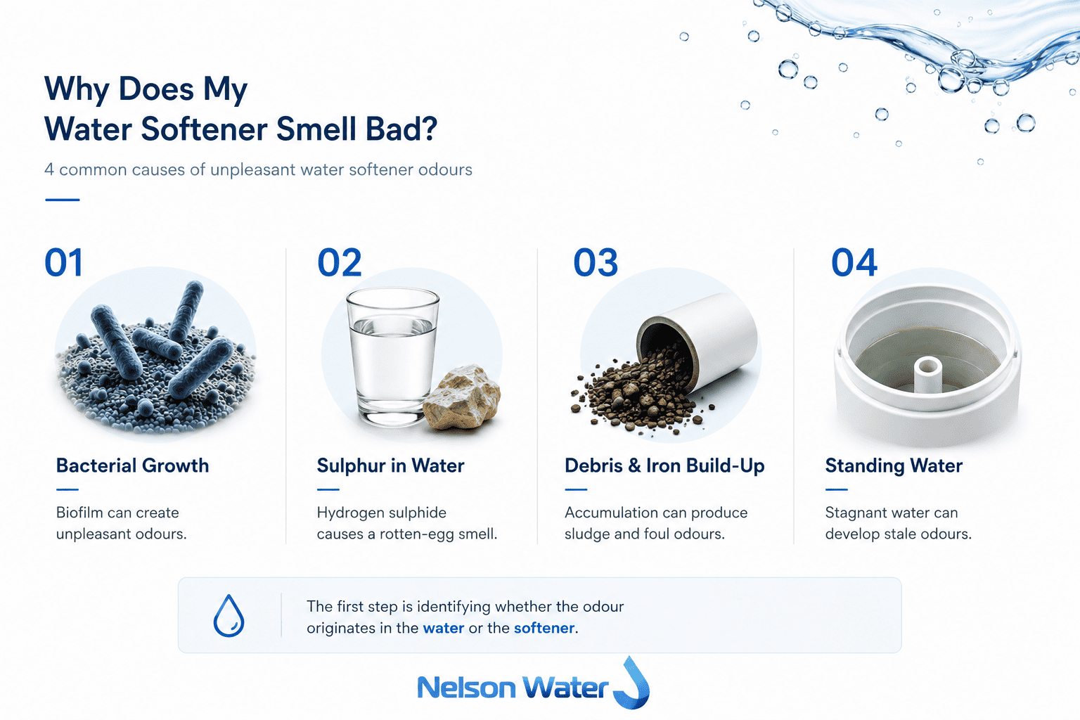 Water softener odour infographic showing four common causes: bacterial growth, sulphur in water, debris and iron build-up, and standing water.