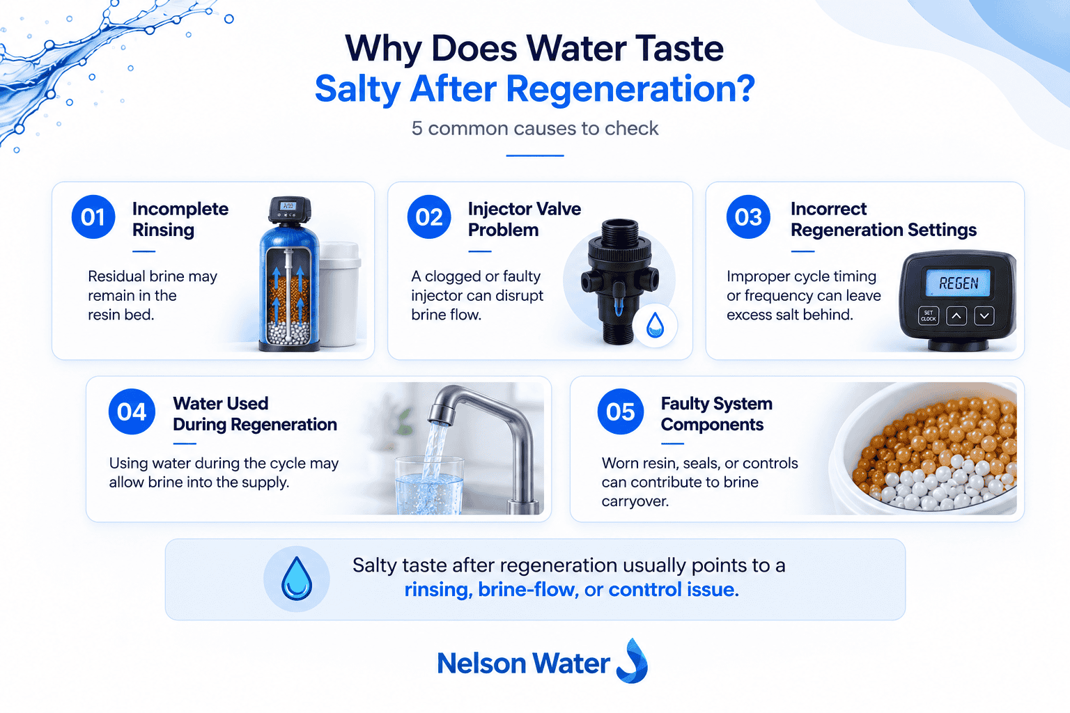 Infographic showing five common causes of salty-tasting water after water softener regeneration, including rinsing, injector, settings, water use, and system component issues.
